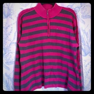 Grey and Pink Tommy Hilfiger Half Zip Sweater XL